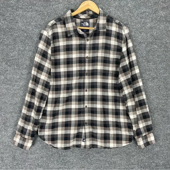 The North Face Plaid Flannel Shirt Men’s XL Gray White Tweed Herringbone Cotton - Picture 2 of 9